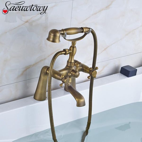 

antique brass bathroom bathtub faucet hand shower spray and cold water mixing set deck mount telephone style shower set1