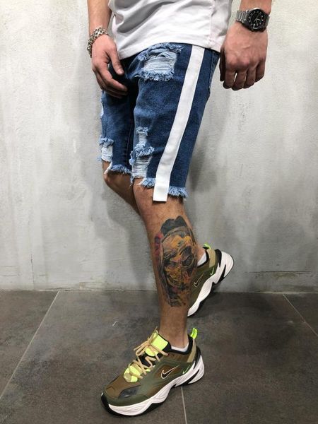 

new fashion mens ripped short jeans brand clothing bermuda summer side striped shorts breathable denim shorts male1, Blue