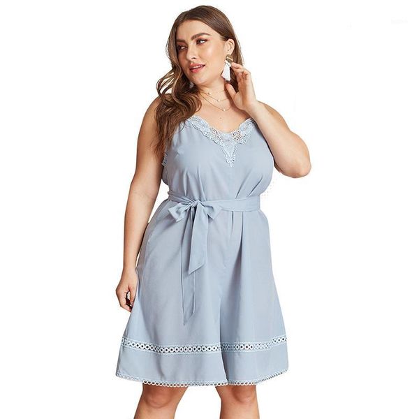 

plus size 3xl 4xl playsuits lace v-neck blue strap female rompers lacing sleeveless summer sashes playsuits women bodysuits1, Black;white
