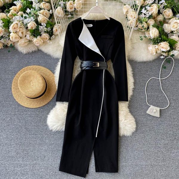 

light ripe autumn wind dress design feeling female temperament of color matching suits brought all split long, Black;gray