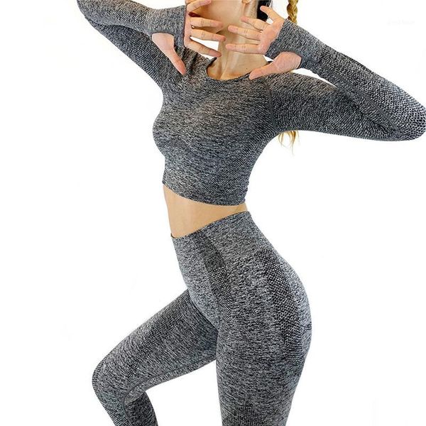 

yoga outfits women seamless set fitness sports suits gym cloth long sleeve shirts high waist running leggings workout pants1, White;red