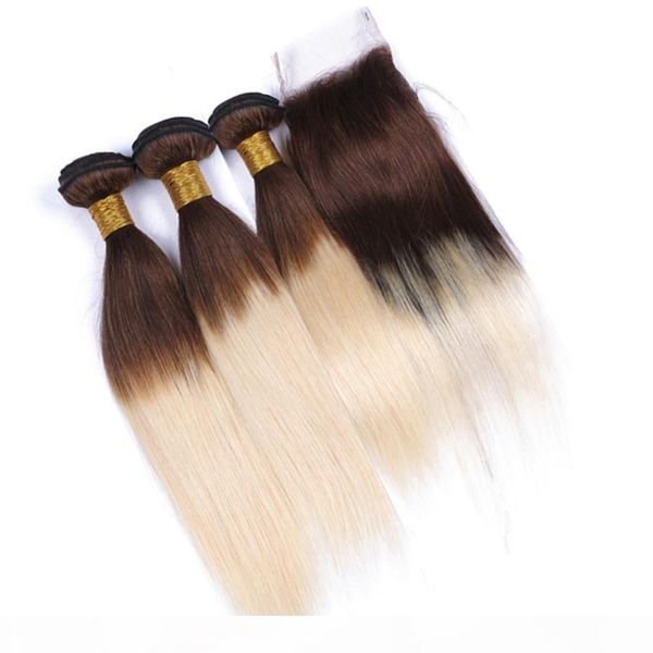

#4 613 blonde ombre virgin hair wefts with closure silky straight rooted brown to blonde ombre brazilian hair 3bundles with lace closure 4x4, Black