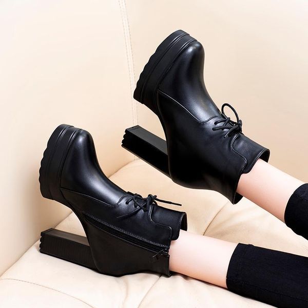 

boots fashion thick heel platform 10cm short pu leather women1, Black