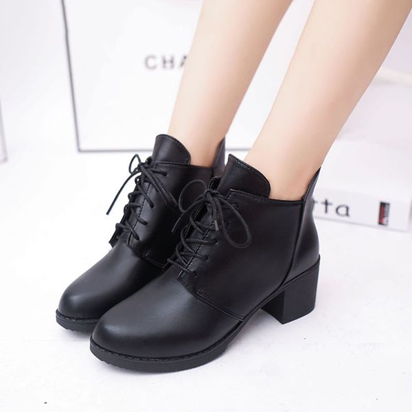 

women's shoes 2020 winter england lace martin round head thick with bare boots high heels c0202, Black