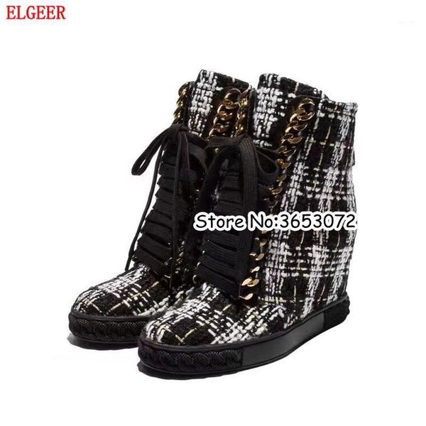 

multicolor canvas height increasing woman casual outdoor shoes golden chain lace up short boots rome designed leisure shoes1, Black