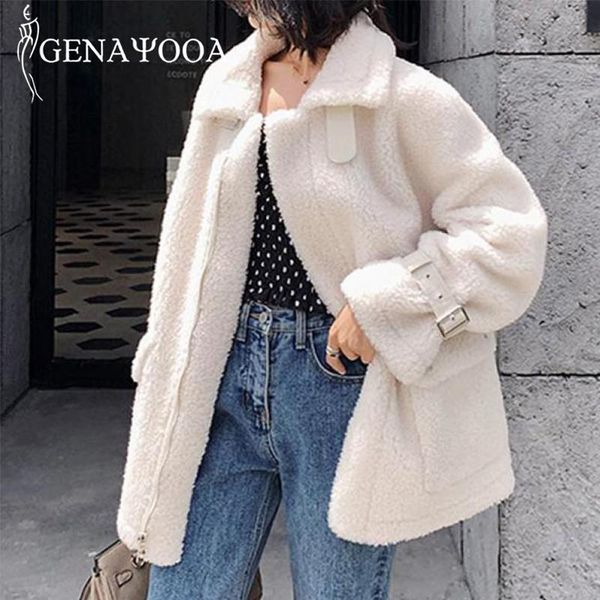 

genayooa ladies jackets and coats winter long sleeve loose warm casual teddy fur jacket women wool solid thick overcoat korean, Black