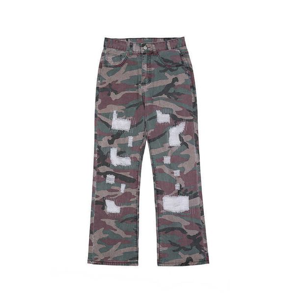 

men's jeans high street camouflage pasted cloth hole straight casual pants, Blue