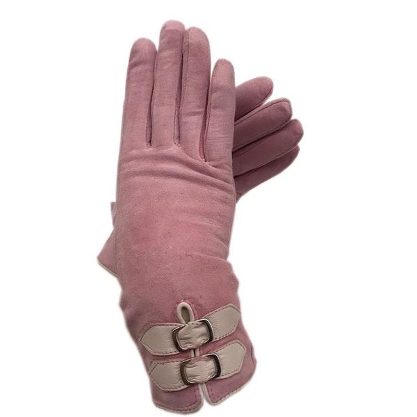 

2020 new sheepskin suede pink ladies fashion winter gloves warm driving leather comfortable high-en, Blue;gray