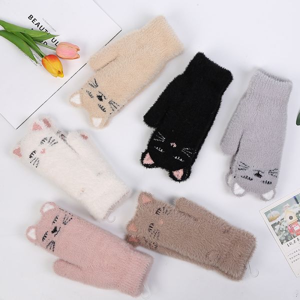 

woolen female cute cat shape fur fingerless winter gloves warm thick women girls mittens, Blue;gray
