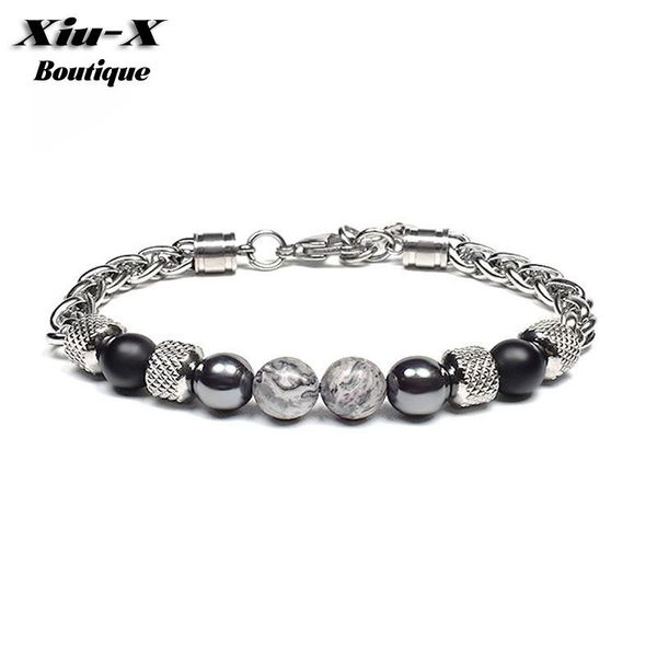 

link, chain 2021 natural stone beaded bracelet for women men stainless steel tiger eye bracelets male jewelry size adjustable, Black