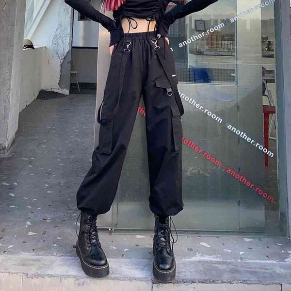 

black cargo pants women streetwear harajuku gothic high waist trousers techwear kpop oversized autumn winter loose pants, Black;white