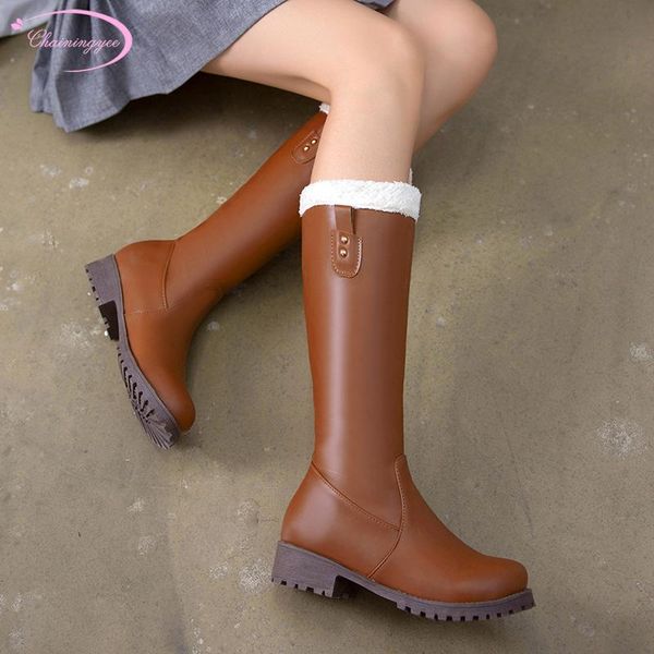 

boots casual style round toe warm winter plush knee-high rivets slip-on platform medium with chunky riding women's shoes, Black