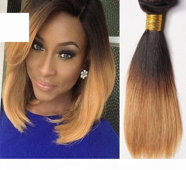 

1b 4 27 ombre brazilian virgin straight hair 3 bundles short ombre blonde bob hair weave three tone hair extensions, Black;brown