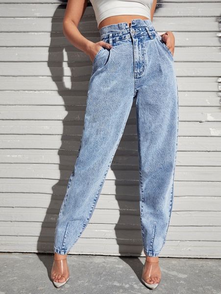 

high waist slant pocket mom jeans y6xs#, Blue