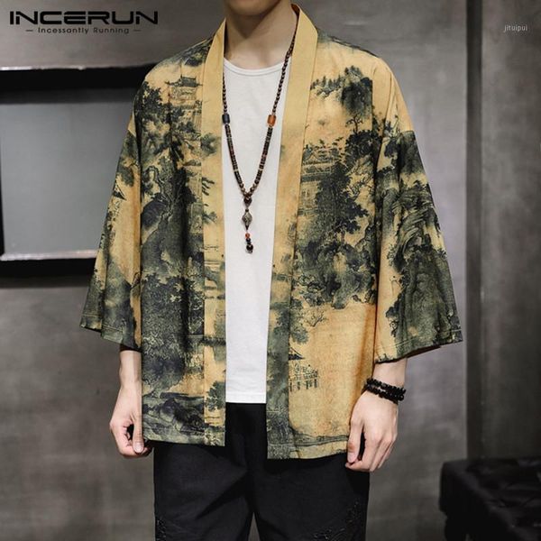 

incerun men printing shirt streetwear casual kimono 3/4 sleeve open stitch vintage cardigan 2020 chinese style men shirts s-3xl1, White;black