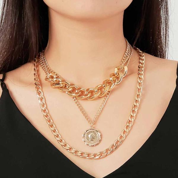 

chokers women punk exaggeration choker necklace for female big thick chain round hollow multi-layer coin pendant long jewelry, Golden;silver