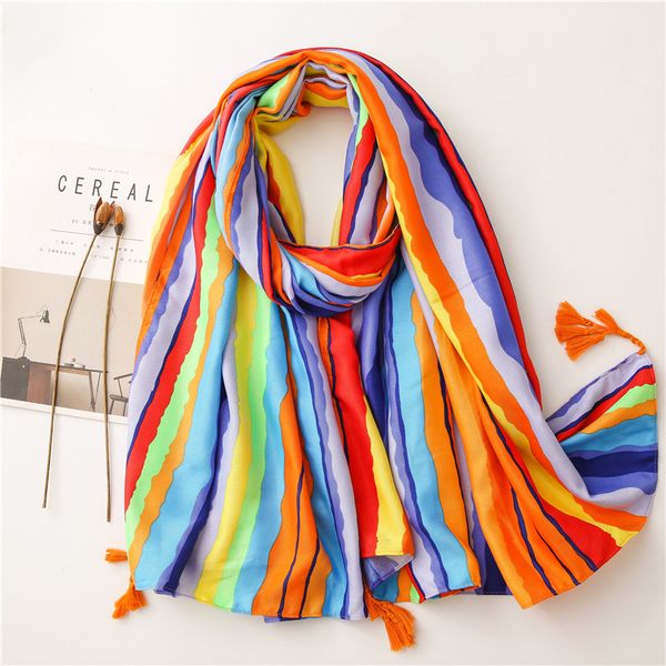 

gradient cotton and linen rainbow scarf women's wild spring and autumn gauze outside with multi-function shawl thin shawl, Blue;gray