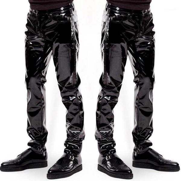 

new mens elastic faux leather pvc pants motorcycle ridding black slim fit dance party trousers biker leather pants for male1