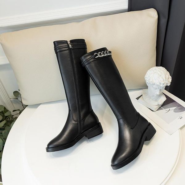 

cow leather chain decoration knee high boots women party night club shoes woman autumn winter warm ladies boots, Black