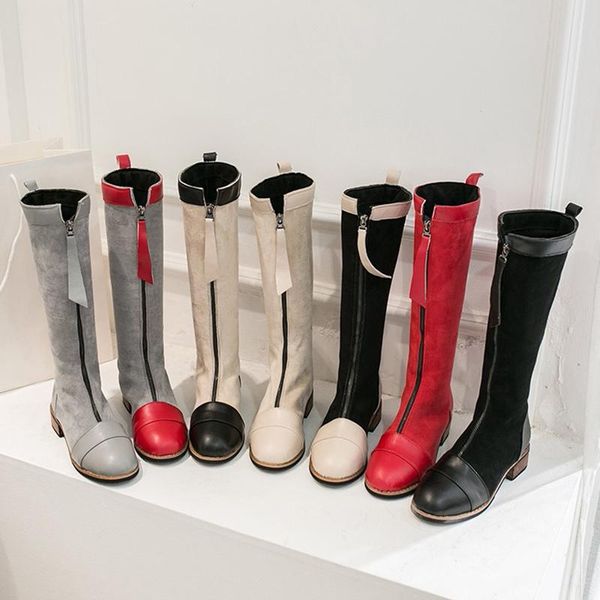 

women mid calf knee high boots mixed color fetish stripper knight zip red boots lady female prom chunky low 3cm high heels shoes, Black