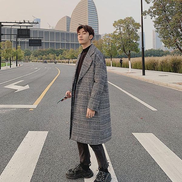 

winter thick plaid woolen coat men's fashion retro casual woolen jacket men overcoat streetwear loose korean long coat mens1, Black