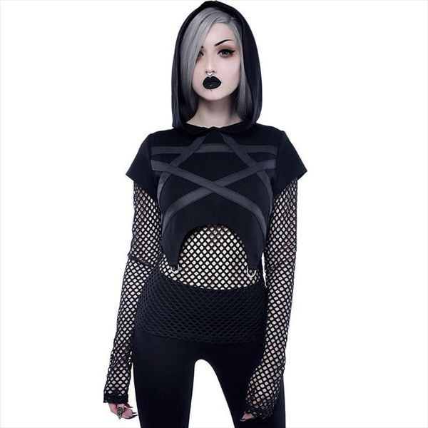 

womens hoodies gothic hollow out mesh patchwork long sleeve pullover hoodies women drop shipping good quality, Black