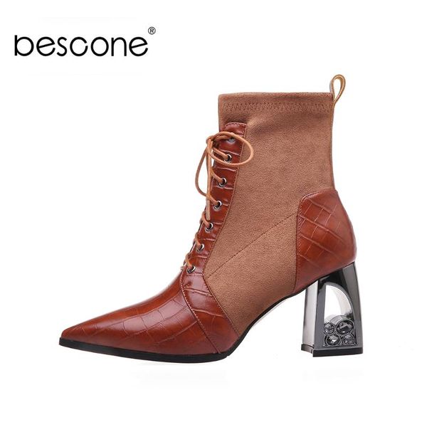 

bescone elegant ankle boots womna genuien leather plaid patchwork suede pointed toe lace up high fretwork heel boot shoe bm698, Black