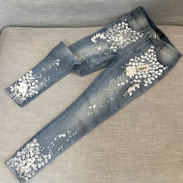 

women's luxury rhinestones denim jeans female vintage diamond ny stretch pencil slim pants plus size 25-31 blue ph210