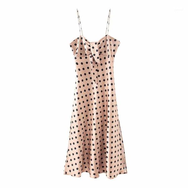 

women elegant polka dot print spaghetti strap midi dress ladies chest bow tie vestidos chic side split party dresses ds36821, Black;gray