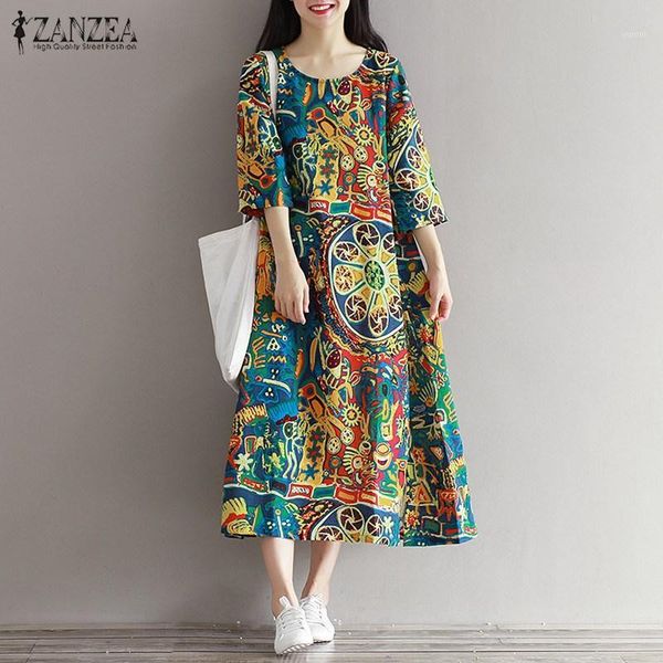 

s-5xl 2020 zanzea women floral print 3/4 sleeve pockets summer loose casual party midi dress cotton vestido plus size1, Black;gray