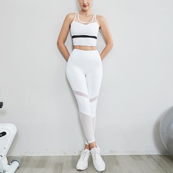 

yoga outfits 2021 summer women's mesh patchwork pants gym running sports underwear suit two-piece set1, White;red