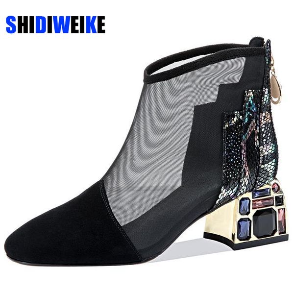 

2020 new mesh sandals boots women mesh ankle boot for summer mid heel rhinestone ponited toe shoes hollow out back zip black c1023