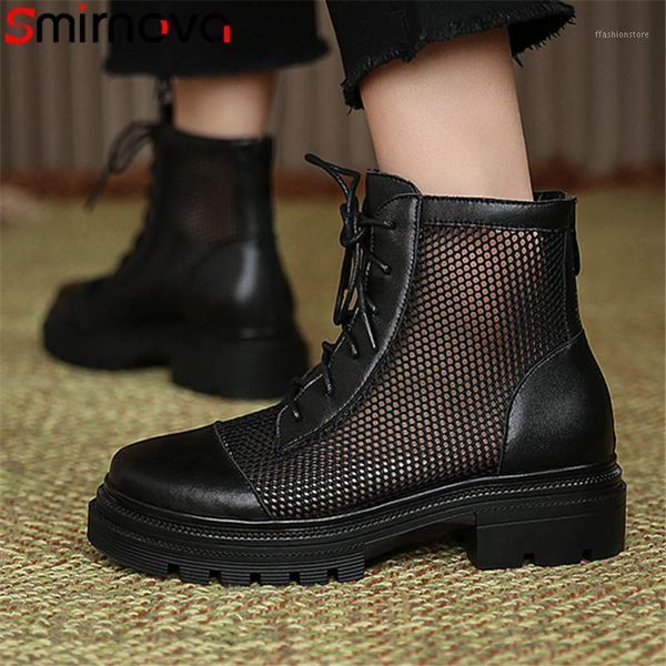

boots smirnova genuine leather +mesh summer women thick heel casual shoes round toe lace up fashion ankle woman1, Black