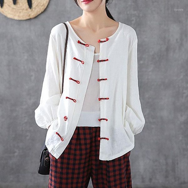 

johnature autumn new cotton linen retro plate buckle o-neck long sleeve cardigan shirt 2021 comfortable all-match women 1, White