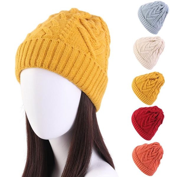 

beanies women winter plush lining beanie hat rhombus striped chunky cable knit cuffed skull cap solid color thermal ear warmer