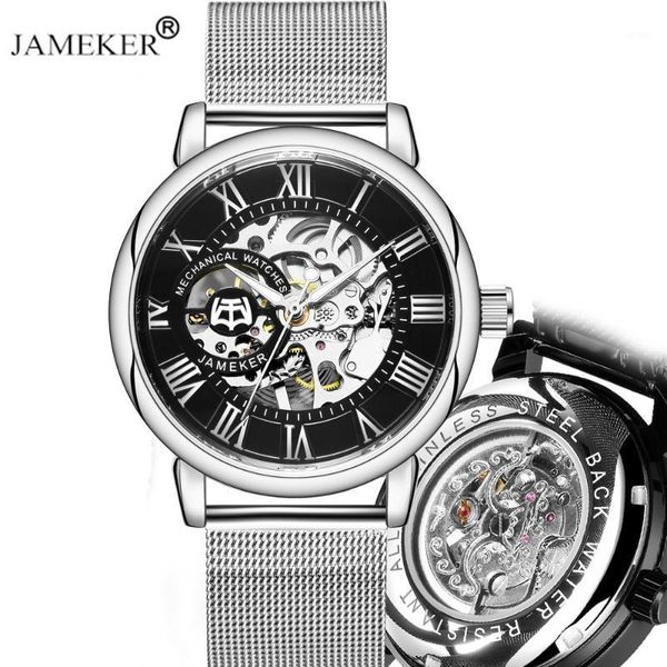 

roman transparent silver case luxury casual design stainless steel mesh mens watches mechanical skeleton watch1, Slivery;brown