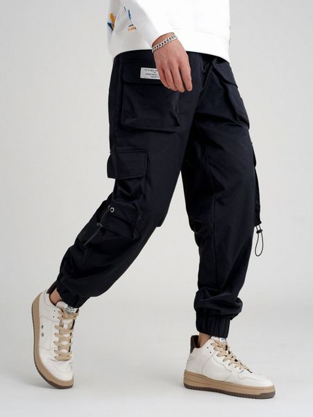 

men letter patch detail drawstring flap pocket cargo pants x8km#, Black