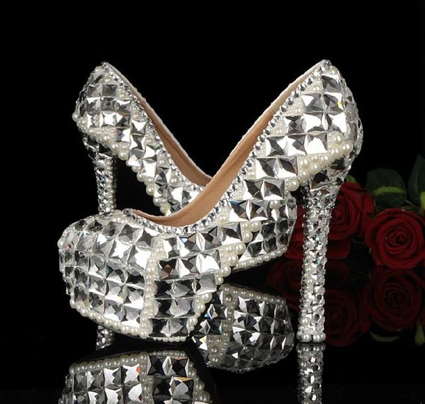 

new sparkling handmade dress shoes high heel crystal rhinestone shoes for bride bridal wedding banquet evening party, Black