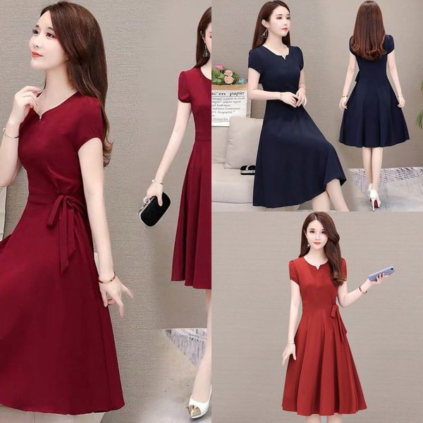 

d56sx medium women's dress v-neck fan spring summer han 2020 fat mm large length over dress dressaline dressknee belt slim a-line skirt, Black;gray