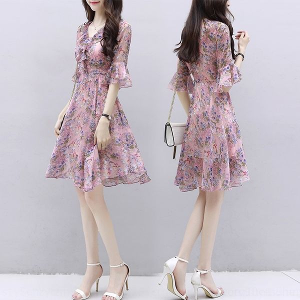 

t2uck chiffon women's summer dress new waist slimming temperament dress fairy super floral small 2020 qhzcg, Black;gray