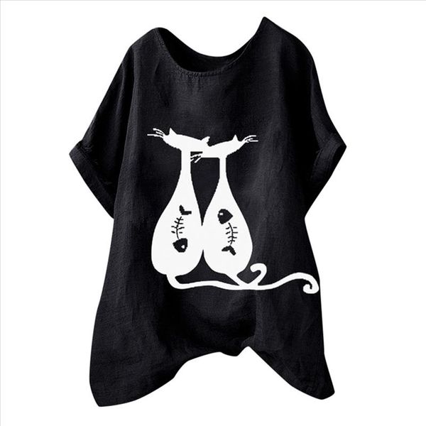 

women shirts two fat fish patterns cotton short sleeve loose lightweight trend elegant summer blouse shirts, White