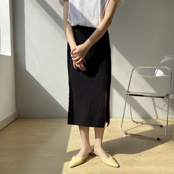 

new 2021 high waist spring knitted split hem long chic women casual bodycon skirt jupe femme saia oza9, Black