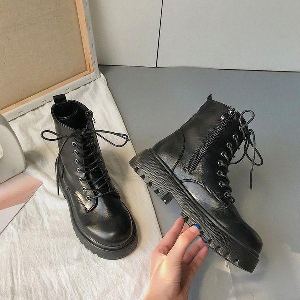 

women boots zipper leather platform boots black lace up ankle motorcycle thick heel platform heels footwear #ry4r