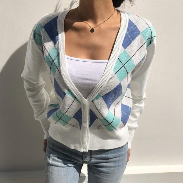 

women autumn long sleeve knitted cardigan deep v-neck button down sweater coat argyle plaid preppy style loose crop top, White