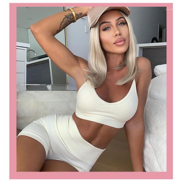 

low-cut high-waist tracksuit crop and biker shorts sports fitness suit summer solid joggers women 2 piece sets1, White