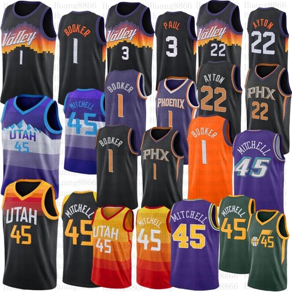 

stitched basketball valley devin booker jersey 1 deandre ayton 22 chris paul 3 donovan mitchell 45 black white purple orange city mens, Black;red