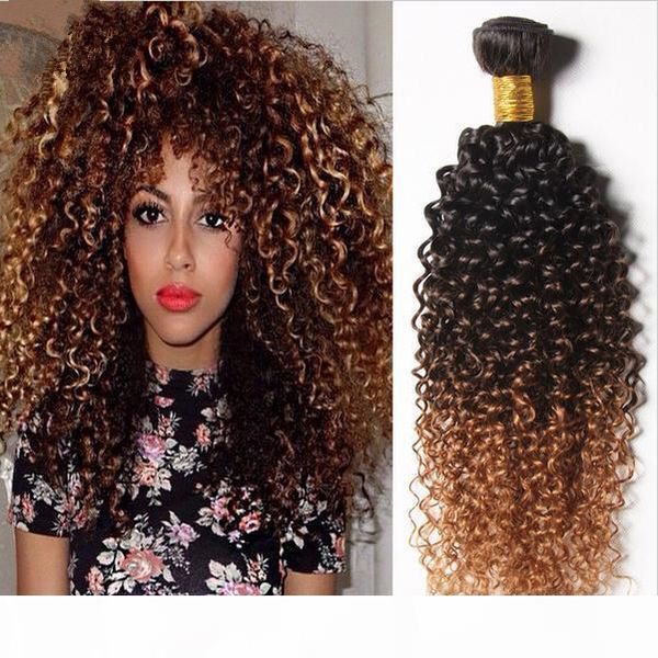 

virgin brazilian kinky curly ombre human hair wefts 3pcs lot #1b 4 27 honey blonde 3tone ombre brazilian virgin human hair weave bundles, Black