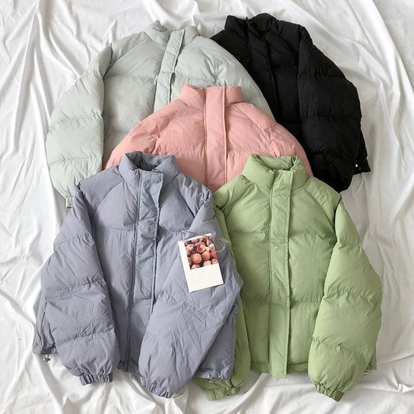 

2020 winter jacket soft thicken warm jacket women winter simple stand collar zipper puff padded cotton1, Black