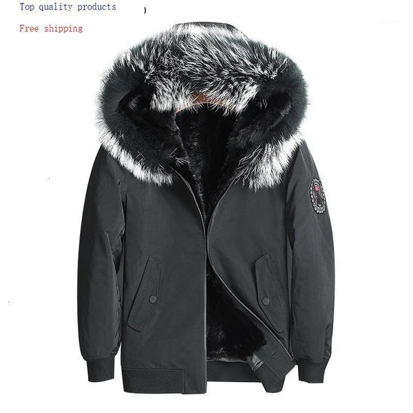 

2020 parka real fur coat men hooded winter jacket liner raccoon fur collar short warm mens mink jackets parkas1, Black
