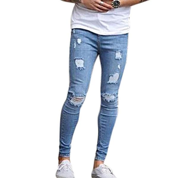 

men's jeans ankle length slim streetwear holes summer ripped pencil pants trousers casual denim skinny mens, Blue